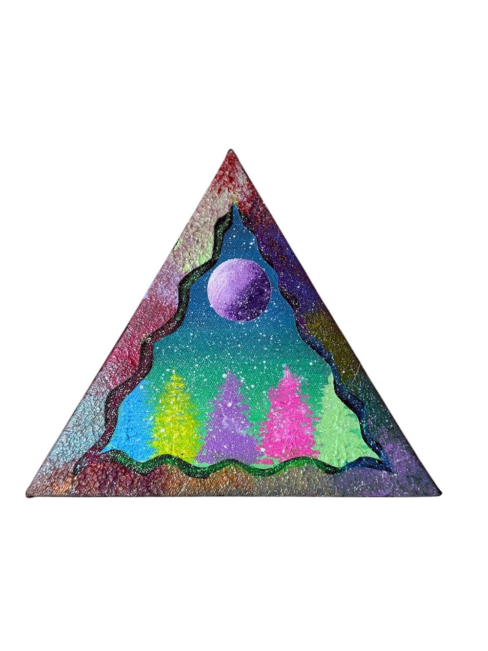 Colorful Triangle Woodland Art with Purple Moon 8*8 inches